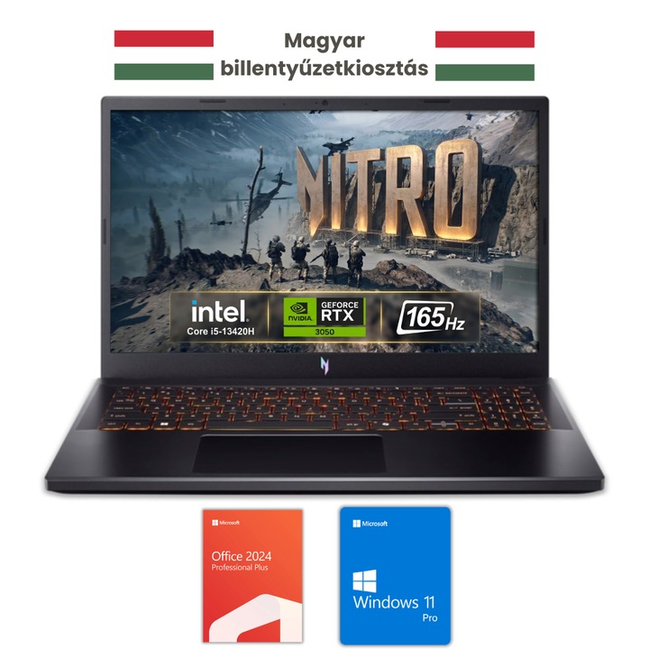Acer Nitro V 15 Gamer Laptop, Intel Core i5 13420H, 32GB DDR5 Memória, 4000GB SSD, 15.6" FullHD, 165Hz Kijelző, Nvidia RTX 3050, Magyar billentyűzet, Fekete, Vírusírtó, Böngésző, Windows 11 Pro + Office 24 PRO csomag
