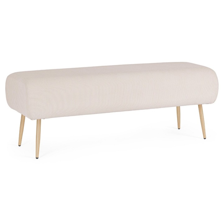 Bancheta Bizzotto, textil alb, picioare otel natur, 129x45.5x48cm