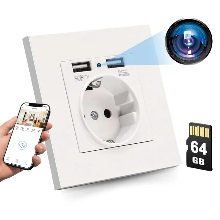 Camera Spion în Priză iUni PR1, Full HD, Wi-Fi, Alb, 64GB