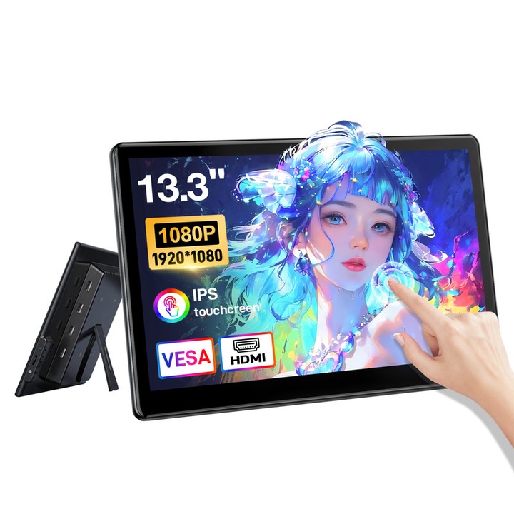 Monitor portabil cu ecran tactil de 13,3'', afisaj tactil VESA, monitor tactil portabil ultra-subtire pentru laptop cu ecran tactil 1080P cu 10 puncte HDMI VGA pentru PC MacBook Phone PS Xbox