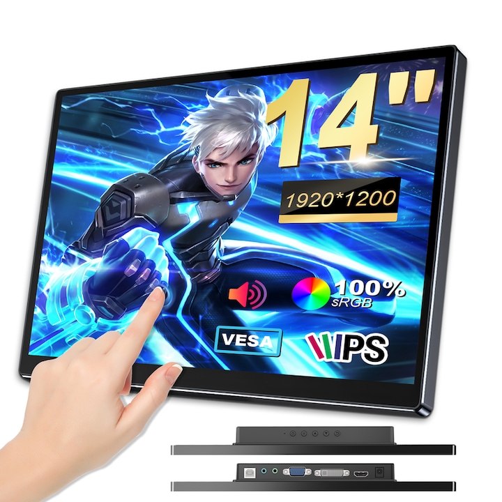 Monitor portabil 14 inch IPS, 500 niti luminozitate ridicata, 100% sRGB, raport de aspect reglabil, rezolutie 1920 x 1200, compatibil cu montaj VESA