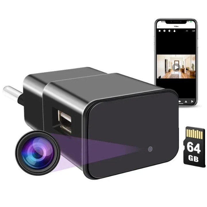 Încărcător USB cu cameră spion iUni IP1000, 64GB, WiFi, 4K, Negru, 7.3x3.7x2.6cm