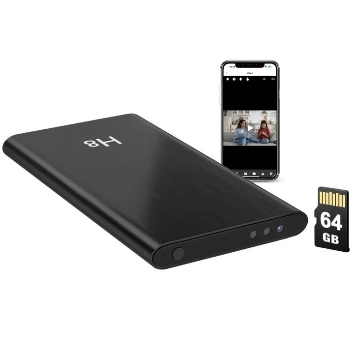 Camera spion H8, Full HD, neagră, 64GB, 5000mAh, Wi-Fi, vedere nocturnă