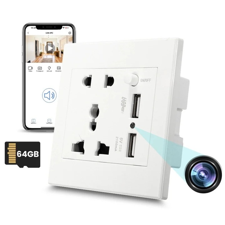 Cameră spion în priză universală de perete iUni PR2, Full HD, 64GB, Wi-Fi, alb, 85x85mm