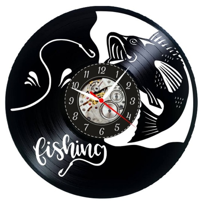 Dekoratív falióra "Fishing Time", bakelitlemezből (Vinyl Record) készült, Kézműves, Horgász design