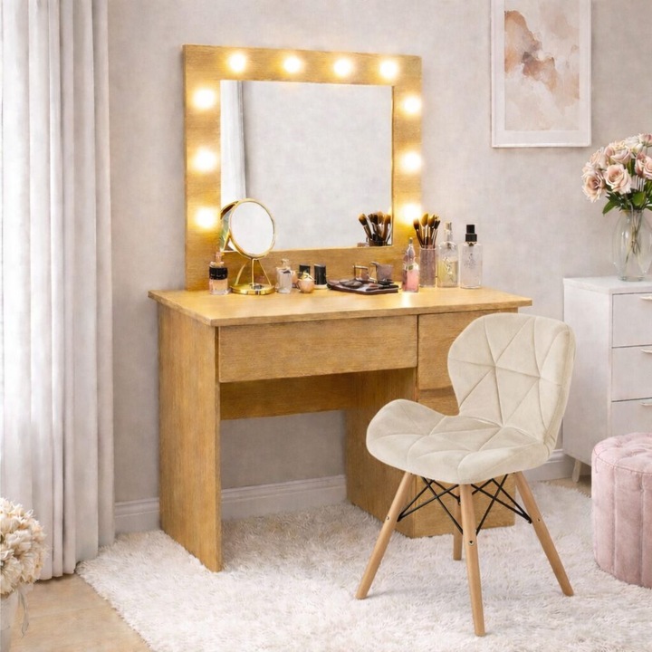 Masă de toaletă/machiaj cu oglindă și LED-uri, Artool, Irina, stejar, scaun bej, 94x43x141 cm, set