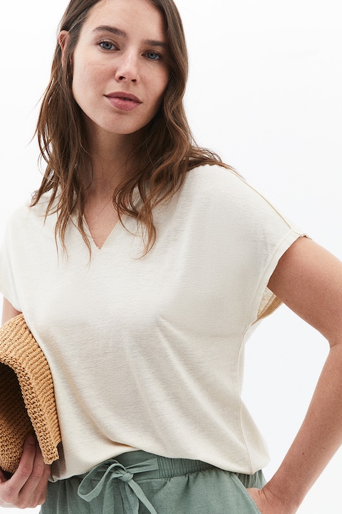OXXO, Tricou din amestec de in cu decolteu rotunjit si decupaj in V, Alb murdar