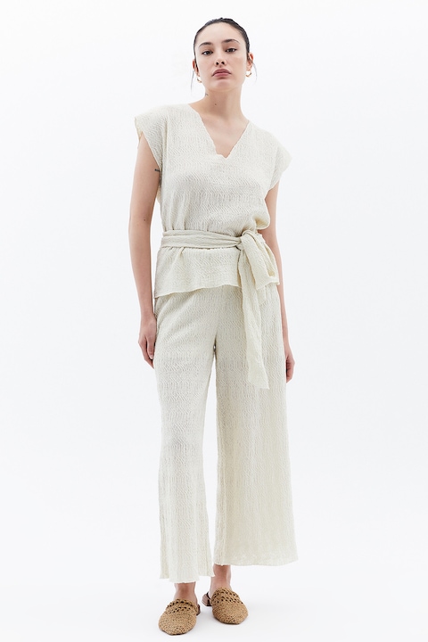 OXXO, Pantaloni texturati cu talie inalta, Alb murdar