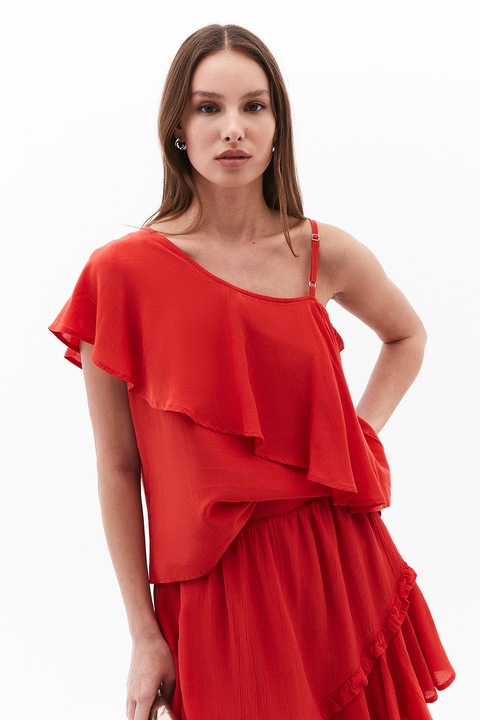 OXXO, Bluza cu decolteu pe un umar si volane, Rosu