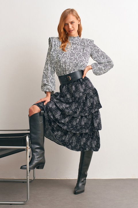 OXXO, Rochie cu maneci lungi si model, Alb/Negru