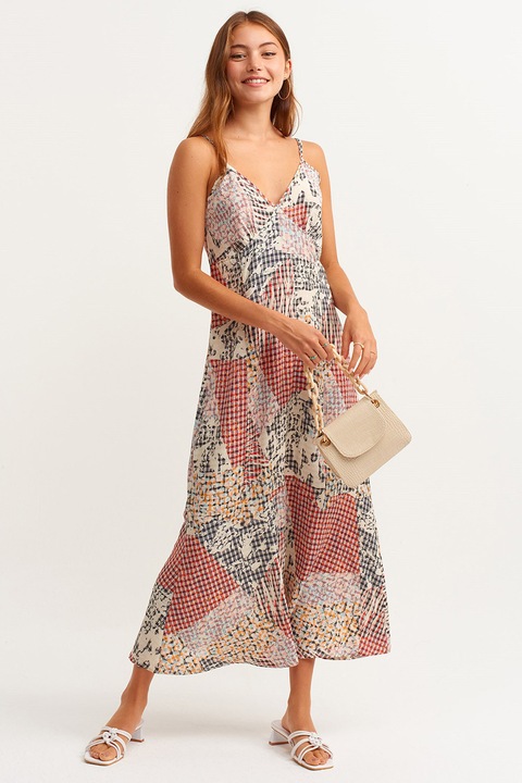 OXXO, Rochie midi cu imprimeu grafic, Rosu/Negru/Alb murdar