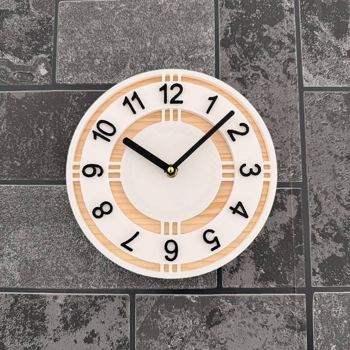 Ceas decorativ de perete, Mecanism SILENTIOS, DECORADI®, Diametru 21 cm, Afisare cu cifre arabe, Cadran din LEMN NATURAL, Eco-friendly, Design Modern, Alb, Printat 3D din PLA ECO(plastic biodegradabil)