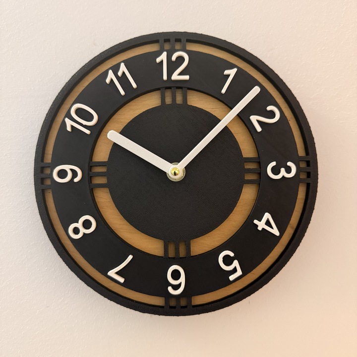 Ceas decorativ de perete, Mecanism SILENTIOS, DECORADI®, Diametru 21 cm, Afisare cu cifre arabe, Cadran din LEMN NATURAL, Eco-friendly, Design Modern, Negru, Printat 3D din PLA ECO(plastic biodegradabil)