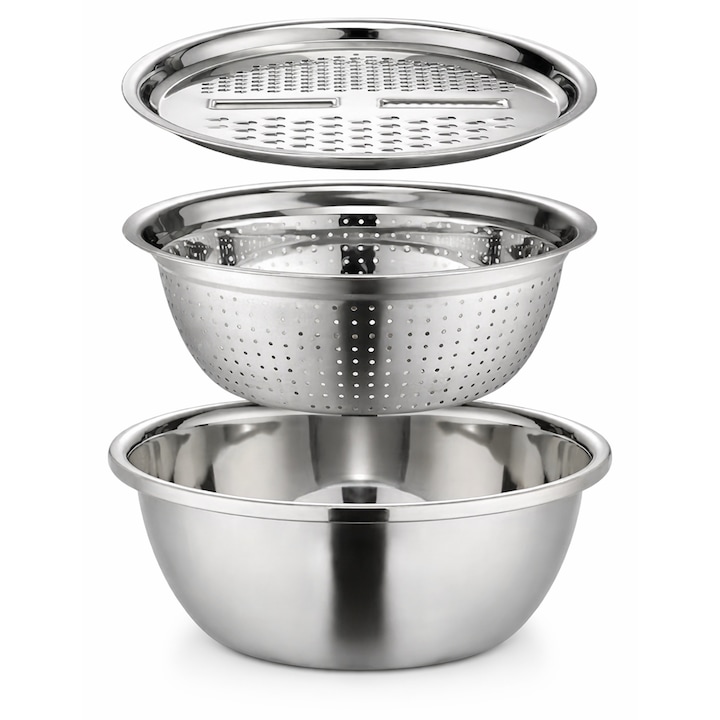 Bol multifunctional 3 in 1 cu strecurătoare și răzătoare, inox, diametru 26 cm