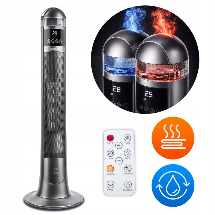 Încălzitor teramic Webber ETNA Graphite 2200W cu umidificator și efect flacără LED, telecomandă, 89x27x27cm