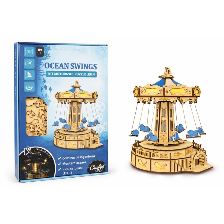 3D mechanikus fa puzzle Óceáni hinták, LED-es körhinta, 321 darab, barkácsoláshoz, +14 év, prémium dekoratív modell