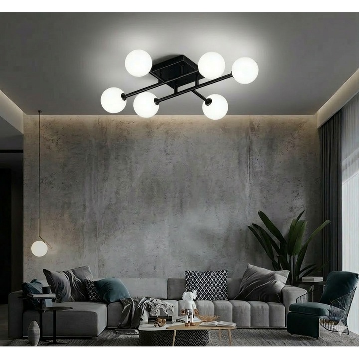 Lustra moderna ZenLED, 6xE27, negru, globuri albe, 78x78x18cm