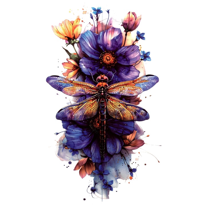 Tatuaj temporar, Flash Tattoos Romania, Purple Dragonfly, rezistent la apa, 21 x 12 cm