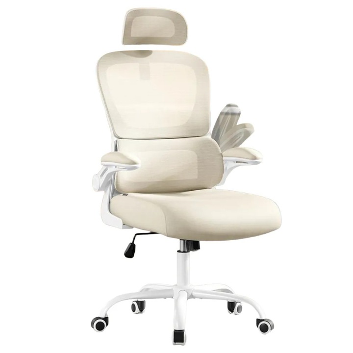 Scaun de birou ergonomic Songmics, tapiterie dublu material textil din plasa, H113.5-121.5 cm, ideal pentru birou/home office, tetiera reglabila pentru sustinere cap/gat, suport lombar autoajustabil, spatar mesh respirabil, sezut confortabil, bej