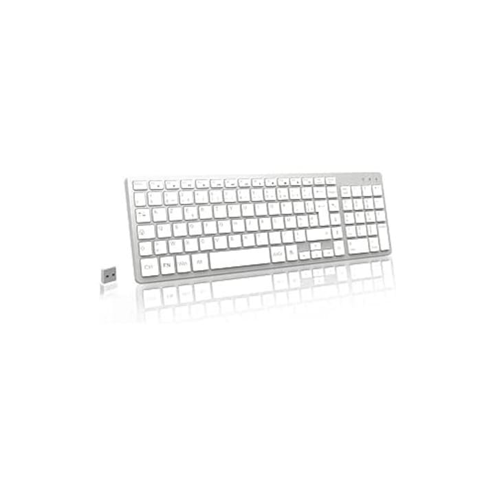 Tastatură wireless LeadsaiL AZERTY, 12 taste multimedia, argintie, USB 2.4 GHz