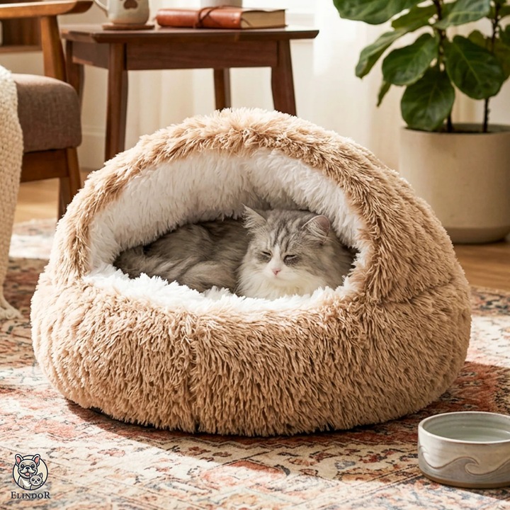 Удобно легло за кучета и котки Elindor® Кръгло, меко противоплъзгащо легло, подходящо за малки и средни кучета и котки, идеално за всеки сезон, за дома, 60 × 60 × 16 см, кафяво