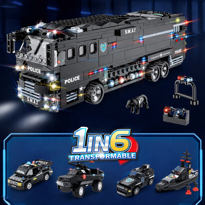 Set de Constructie cu Piese Tip Blocuri Constructie MiniBric® Swat Armored Vehicle, Colectia Swat, Elicopter, Barca, Transformabil 1 in 6, Pentru Baieti, C0547A, Cadou Ideal Pentru Copii Pasionati de Jucarii de Constructie, 1014 Piese