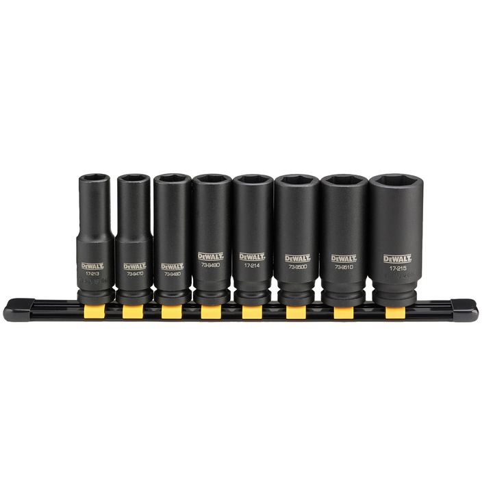 Set tubulare de impact 8 piese DeWALT DWMT86090-0, 1/2 inch, dimensiuni 13-24 mm, otel CR-440 tratat termic, tehnologie DirectTorque pentru rezistenta la uzura, protejate cu un strat de oxid negru, marcaj laser, suport sina
