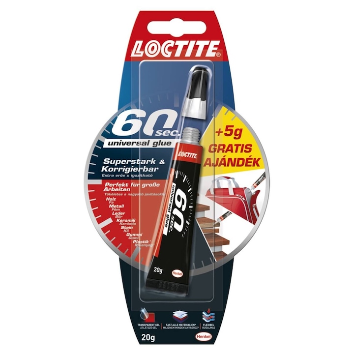 Adeziv universal Loctite 60 sec 15+5g, lipici rapid extra puternic pentru lemn, metal, piele, plastic