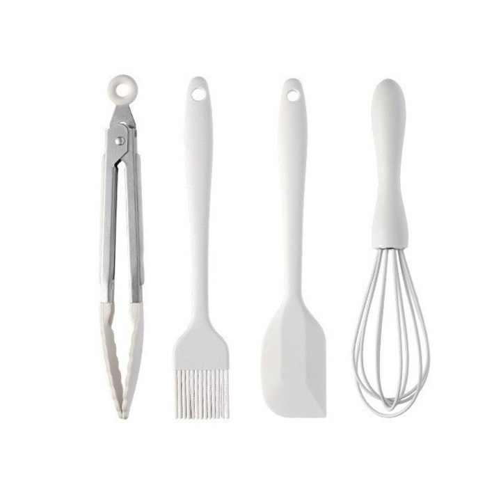 Set 4 Ustensile de Bucătărie Avaleea, Silicon+Inox, Termorezistente, Alb Ivory, 20x15x4 cm