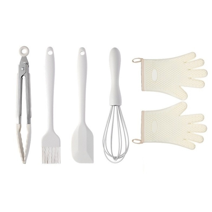 Set 5 Ustensile de Bucătărie Avaleea, Silicon și Inox, Alb Ivory, 28x26x2 cm