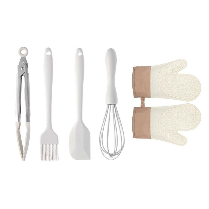 Set 5 Ustensile de Bucătărie Avaleea, Silicon și Inox, Termorezistente, Alb Maro, 28x26x2cm