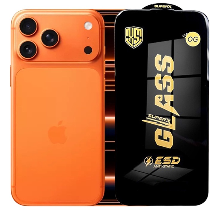 Folie de Sticla pentru Apple iPhone 17 Pro Max, Sticla Securizata ESD Antistatica, Super-X OG, cu Margini Negre, Rezistenta la Zgirieturi, 0.35 mm, Transparent