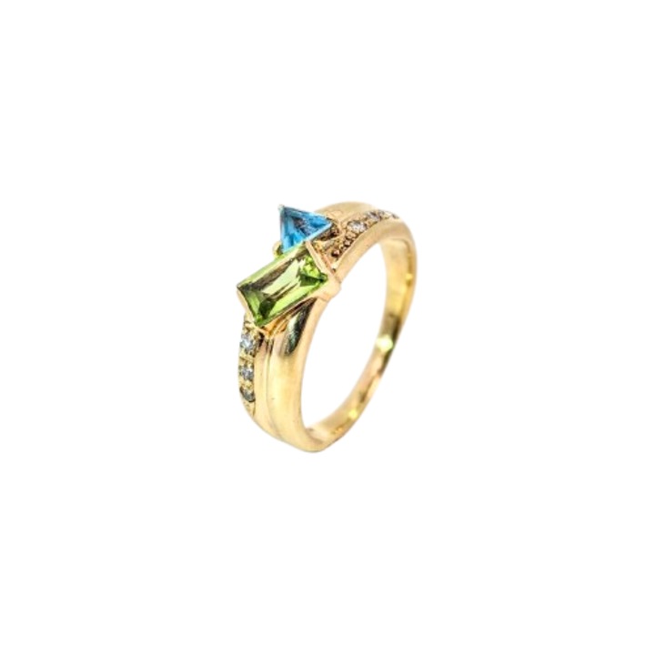 Inel din Aur 18K cu Diamante Naturale 0.06ct. F-G VS2-SI1, Peridot verde olive 0.9 ct. si Topaz albastru deschis 0.40ct. M53 4.32g