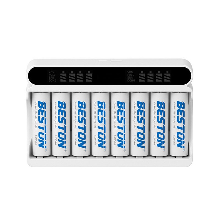 AA/AAA akkumulátortöltő 8 független töltőhellyel, LCD kijelzővel, 5V 2A Type-C és Micro USB bemenettel, NiMH/NiCd újratölthető akkumulátorokhoz alkalmas