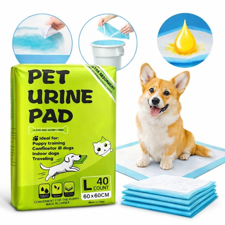 Covorase absorbante caini 60x60, Set 40 bucati de paduri absorbante caini, covorase igienice pentru caini cu protectie 5 straturi polimer SAP, covorase absorbante igienice pentru caini de dresaj si igiena zilnica, dog covorase absorbante avantajoase