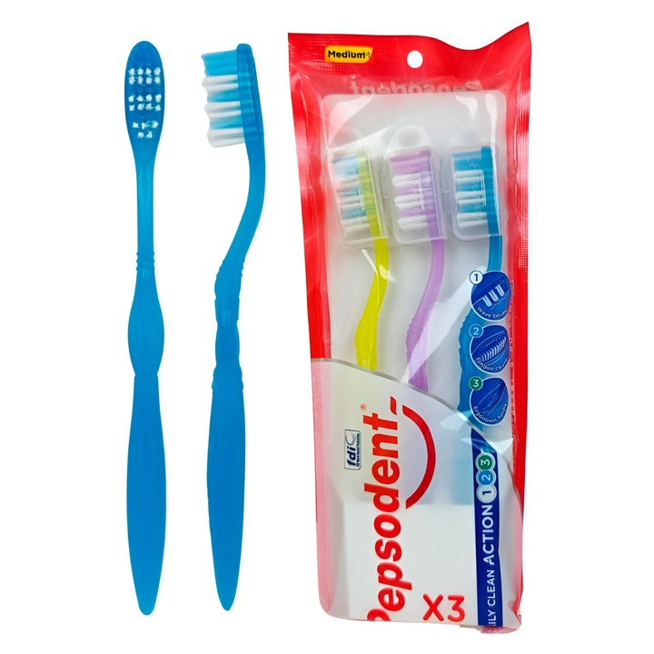 Pepsodent Medium manuális fogkefe szett, ergonomikus, 3 darab, közepes keménységű sörték, szájhigiénia