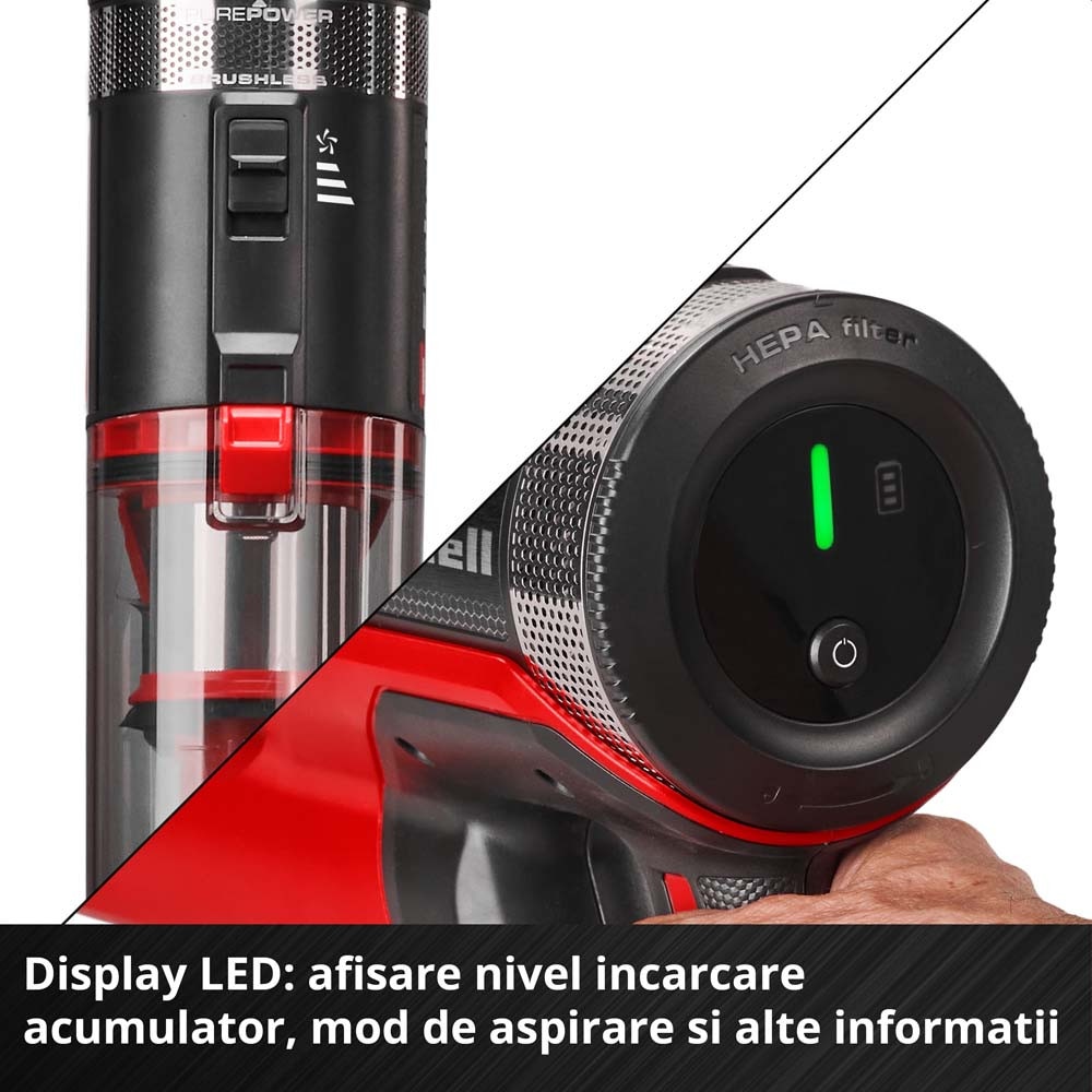 Aspirator vertical fara fir Einhell TE-SV 18/270 Li BL-Solo Power X-Change, 18 V, Brushless, 270 mbar, fara sac, 3 moduri de putere, sistem de filtrare in 3 etape, incl. accesorii, fara baterie