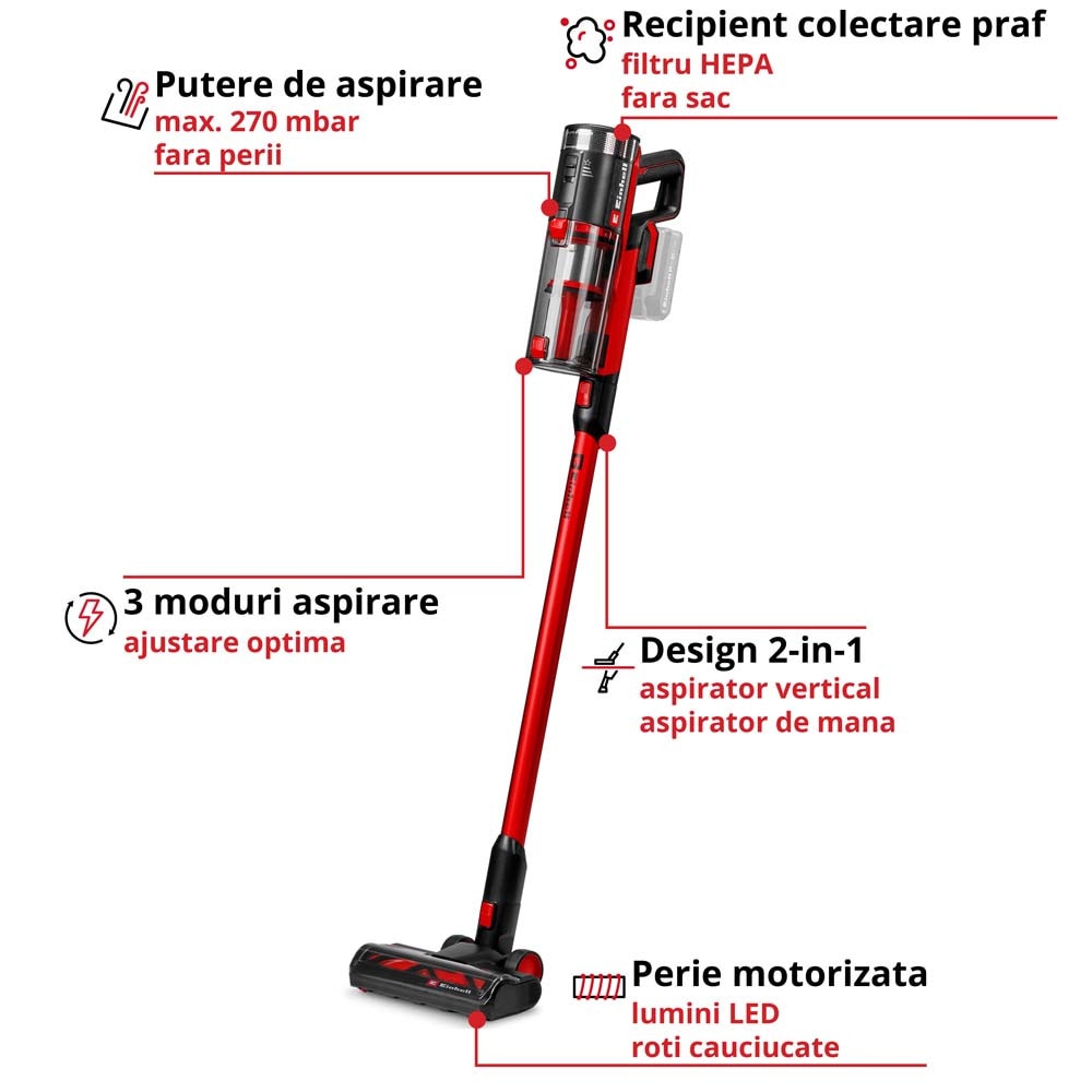 Aspirator vertical fara fir Einhell TE-SV 18/270 Li BL-Solo Power X-Change, 18 V, Brushless, 270 mbar, fara sac, 3 moduri de putere, sistem de filtrare in 3 etape, incl. accesorii, fara baterie
