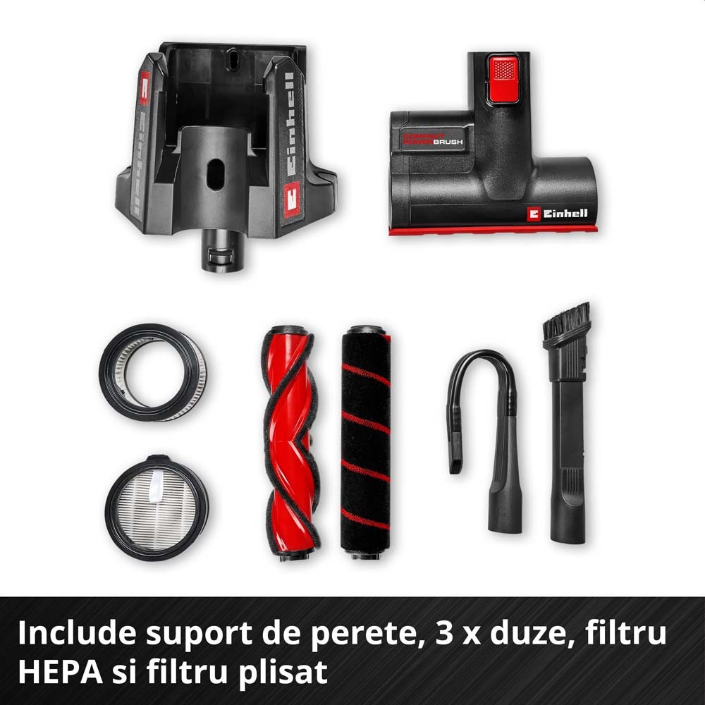 Aspirator vertical fara fir Einhell TE-SV 18/270 Li BL-Solo Power X-Change, 18 V, Brushless, 270 mbar, fara sac, 3 moduri de putere, sistem de filtrare in 3 etape, incl. accesorii, fara baterie