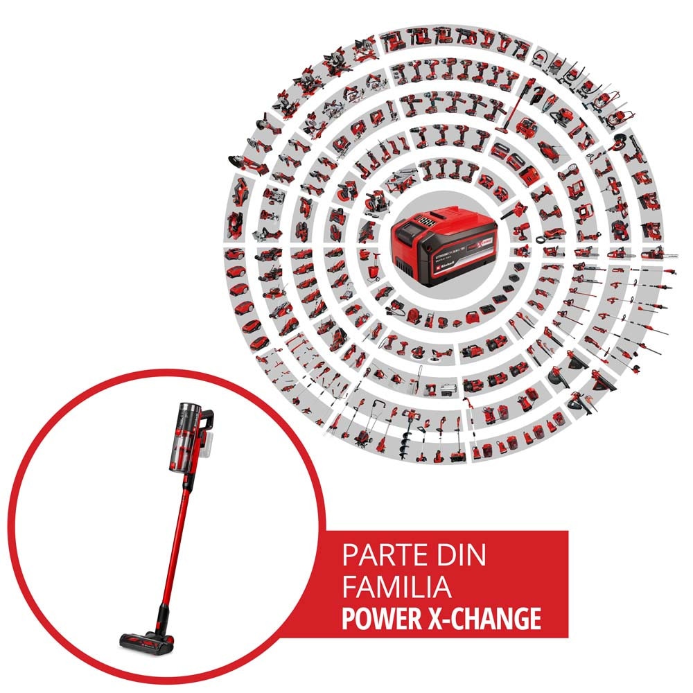 Aspirator vertical fara fir Einhell TE-SV 18/270 Li BL-Solo Power X-Change, 18 V, Brushless, 270 mbar, fara sac, 3 moduri de putere, sistem de filtrare in 3 etape, incl. accesorii, fara baterie