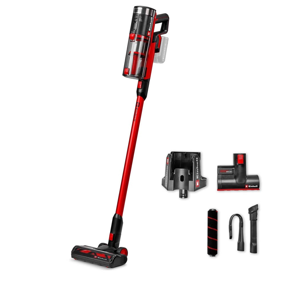 Aspirator vertical fara fir Einhell TE-SV 18/270 Li BL-Solo Power X-Change, 18 V, Brushless, 270 mbar, fara sac, 3 moduri de putere, sistem de filtrare in 3 etape, incl. accesorii, fara baterie
