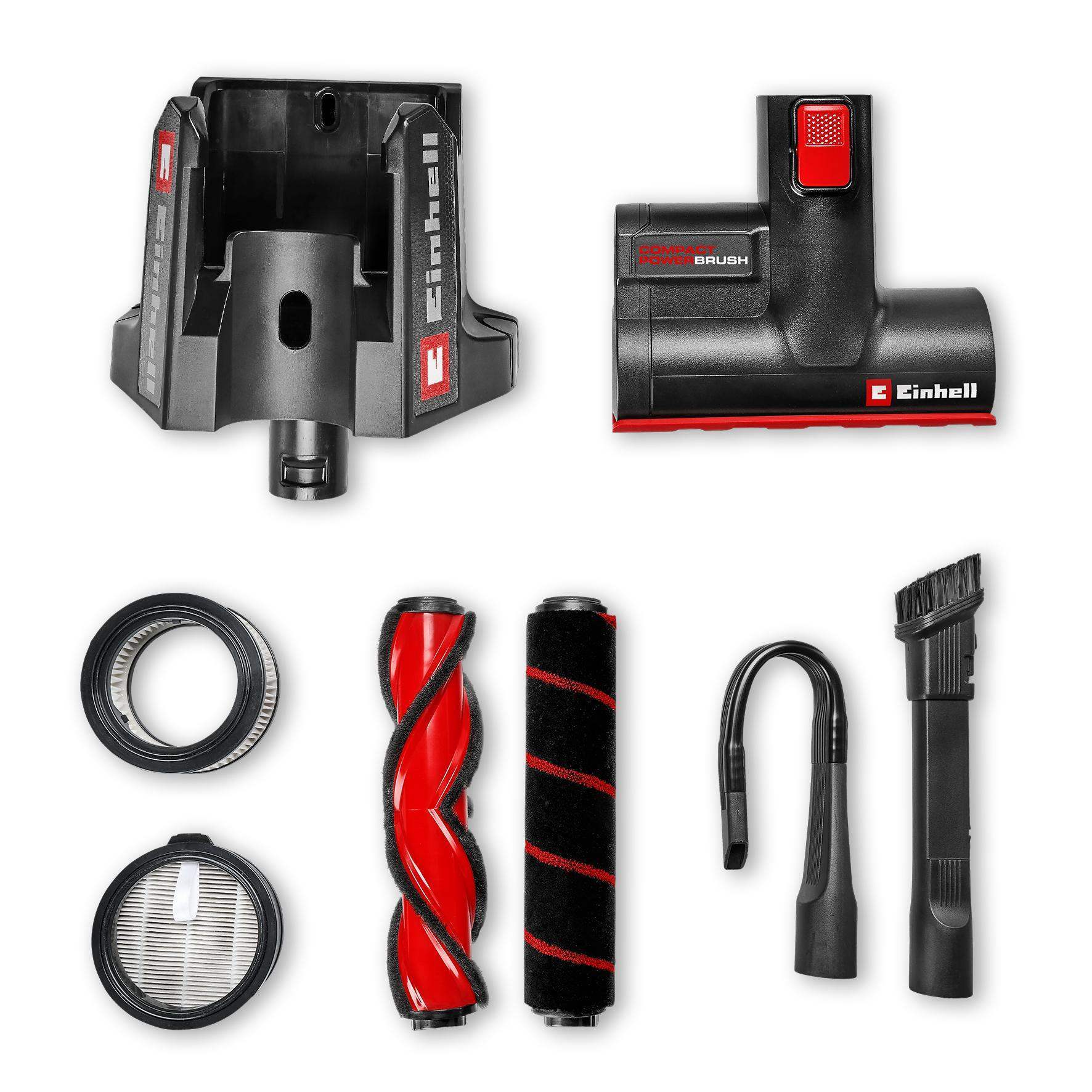 Aspirator vertical fara fir Einhell TE-SV 18/270 Li BL-Solo Power X-Change, 18 V, Brushless, 270 mbar, fara sac, 3 moduri de putere, sistem de filtrare in 3 etape, incl. accesorii, fara baterie