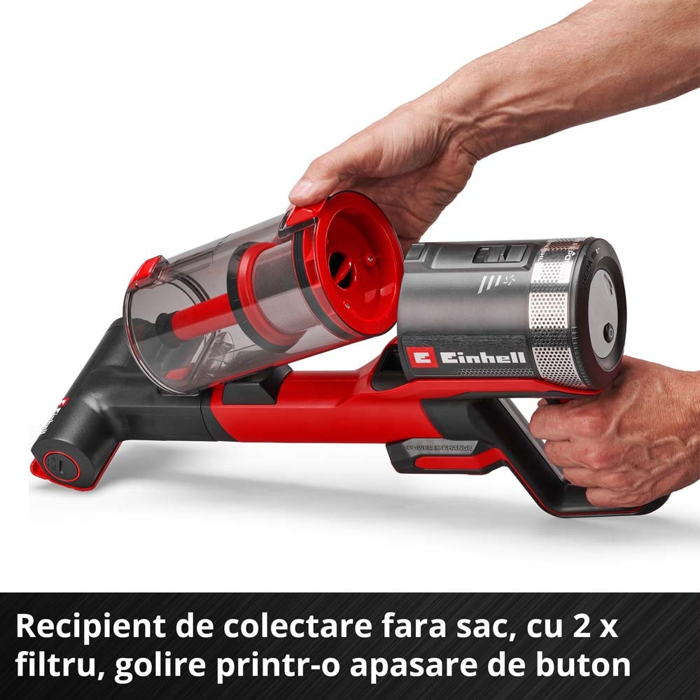 Aspirator vertical fara fir Einhell TE-SV 18/270 Li BL-Solo Power X-Change, 18 V, Brushless, 270 mbar, fara sac, 3 moduri de putere, sistem de filtrare in 3 etape, incl. accesorii, fara baterie
