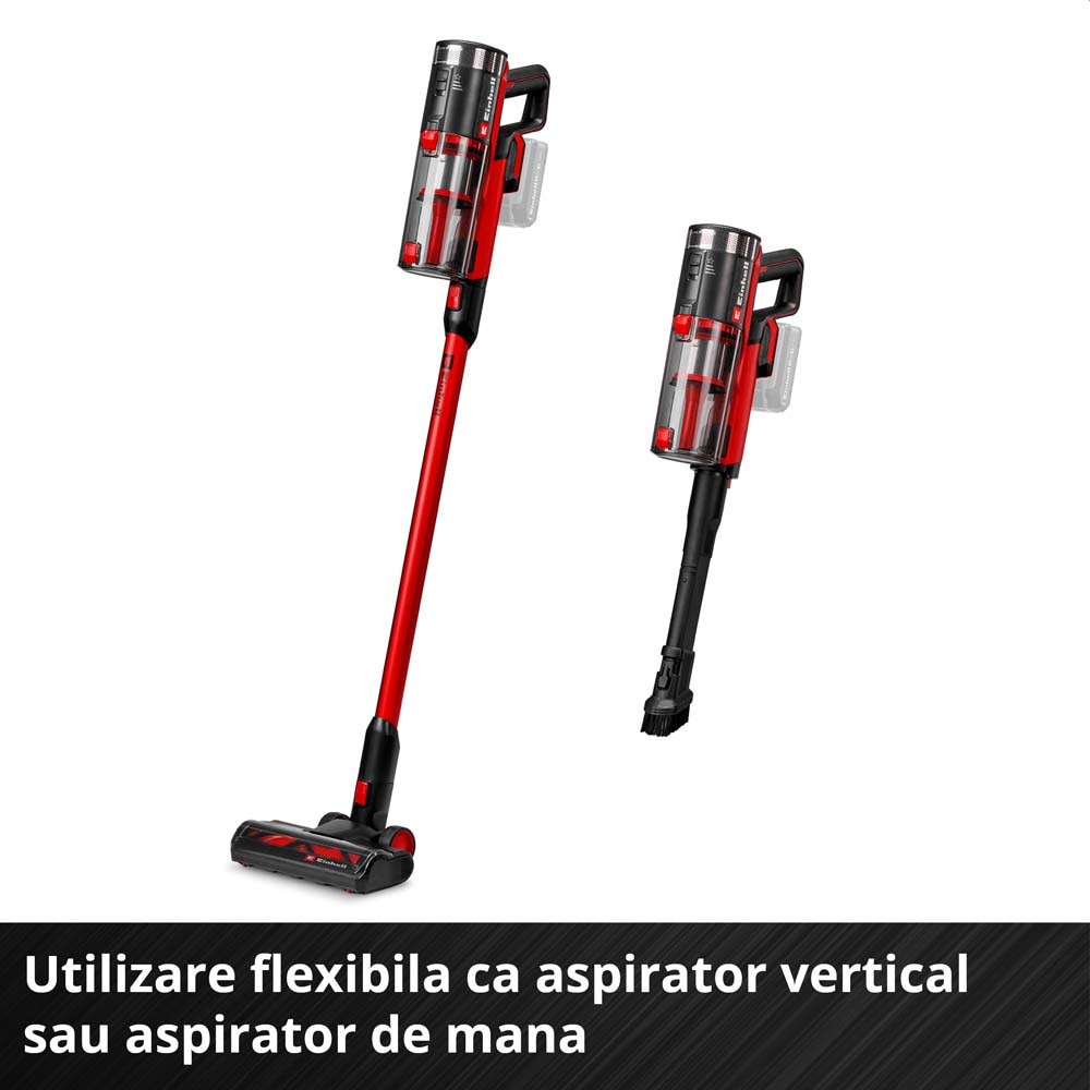 Aspirator vertical fara fir Einhell TE-SV 18/270 Li BL-Solo Power X-Change, 18 V, Brushless, 270 mbar, fara sac, 3 moduri de putere, sistem de filtrare in 3 etape, incl. accesorii, fara baterie