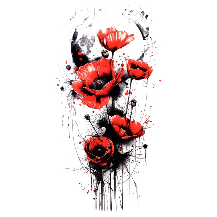 Tatuaj temporar, Flash Tattoos Romania, Red Poppies, rezistent la apa, 21 x 12 cm