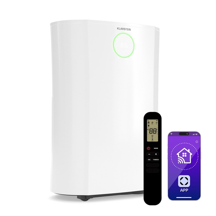 Klarstein, Dryfy Proconnect 16L Dezumidificator, 16 L/Zi, 18 M², Wifi, Aplicatie, Indicator Led, Cronometru 24 De Ore