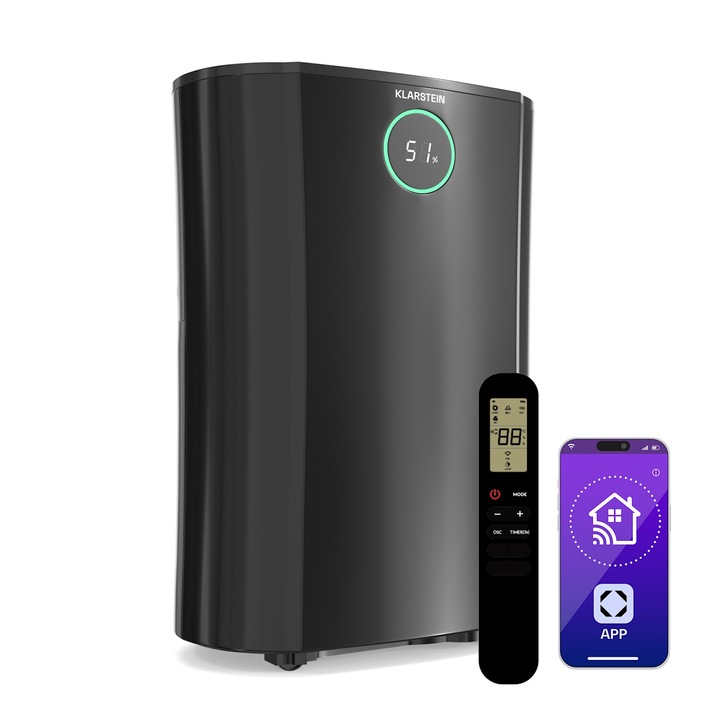 Klarstein, Dryfy Proconnect 16L Dezumidificator, 16 L/Zi, 18 M², Wifi, Aplicatie, Indicator Led, Cronometru 24 De Ore