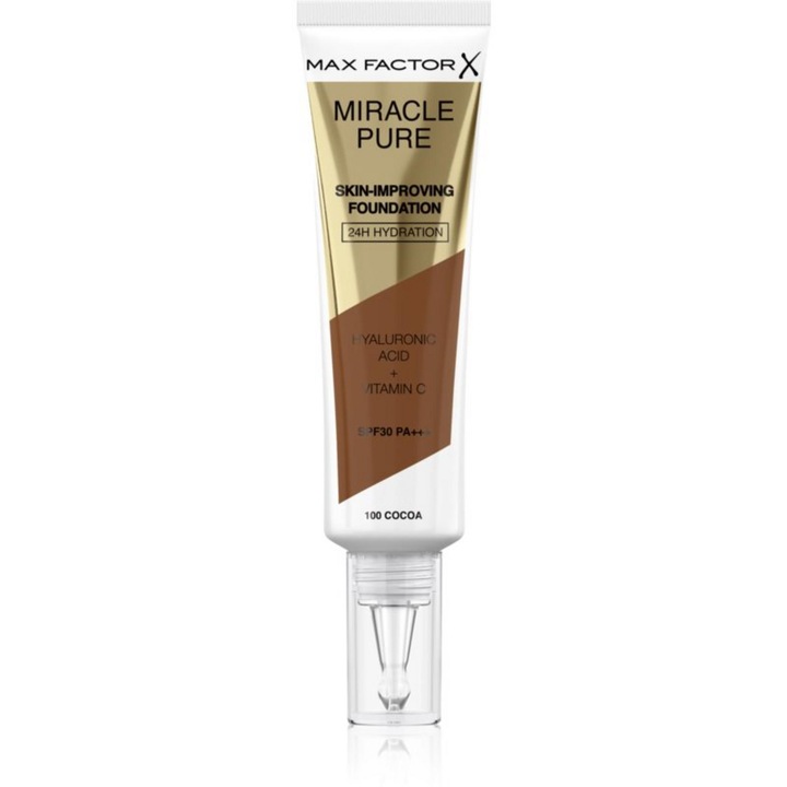 Max Factor, Miracle Pure, Acid Hialuronic, Radiant, Baza de Machiaj Lichida & Serum 2-in-1, Cacao, 100, SPF 30, 30 ml