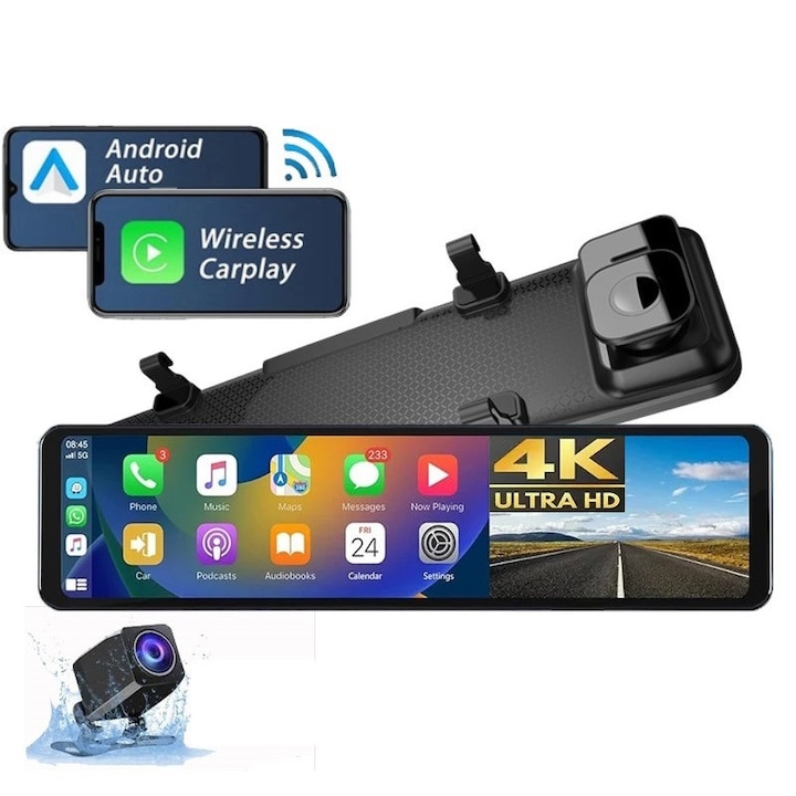 Camera Auto ValpaSmart Tip Oglinda 4K UHD + 1080P, Ecran IPS Touch 11.26”, Wireless CarPlay & Android Auto, WiFi, Dual Camera Fata/Spate, Senzor Sony IMX415, Night Vision WDR, Unghi 170°, Senzor G, Asistenta Parcare, FM Transmitter