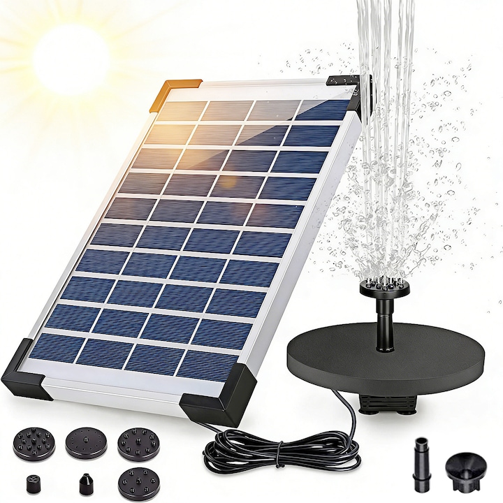 Pompa Solara De Fantana De 5W, YOUKUKE®, Fantana Plutitoare Cu Pompa Solara De Apa, Baterie Incorporata, 400L/H, Cu 6 Duze, Caracteristici Ale Apei Pentru Gradina, Pentru Baie De Pasari, Acvariu, Iaz Sau Decorarea